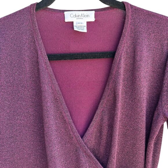 Calvin Klein Petites Womens Deep V Neck Purple Metallic Knit Wrap Blouse Top P/S - Picture 5 of 8